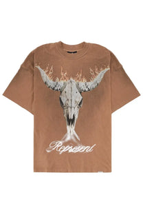Tan short-sleeved cotton t-shirt featuring a bull skull graphic with flames and represent text for men by British Cowboys