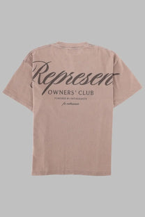 Dusty rose cotton t-shirt with vintage style represent owners club graphic in dark gray by represent men’s shirt con beige