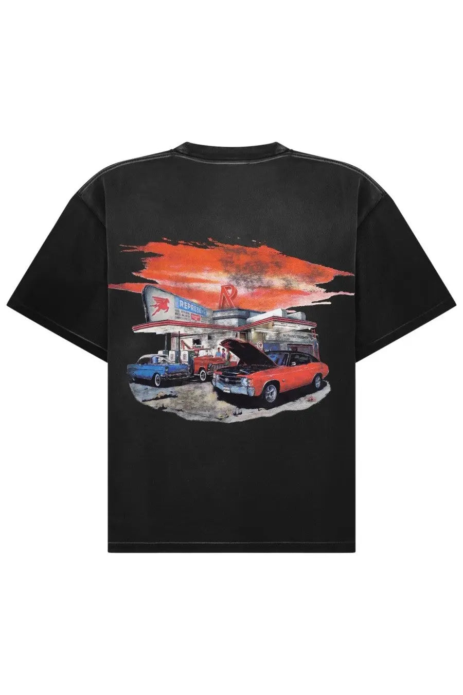 Black oversized cotton t-shirt with vintage cars graphic at retro gas station under orange sky from Represent Men