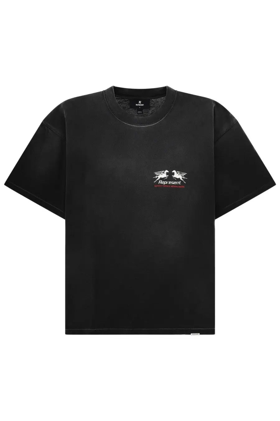 Black short-sleeved Represent men’s shirt with subtle white and red graphic print on the chest in cotton material