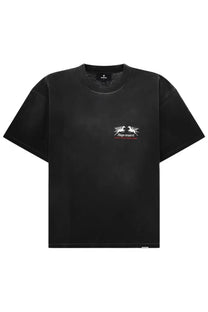 Black short-sleeved Represent men’s shirt with subtle white and red graphic print on the chest in cotton material