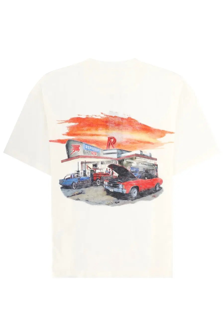 Cream-colored represent men’s t-shirt with watercolor vintage auto repair shop graphic under orange sunset sky