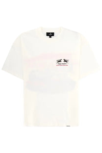 Off-white men’s short-sleeved shirt with black and red winged graphic and represent lettering on chest