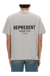 Gray heathered cotton represent men’s shirt showing the back with bold black represent owners club text across it