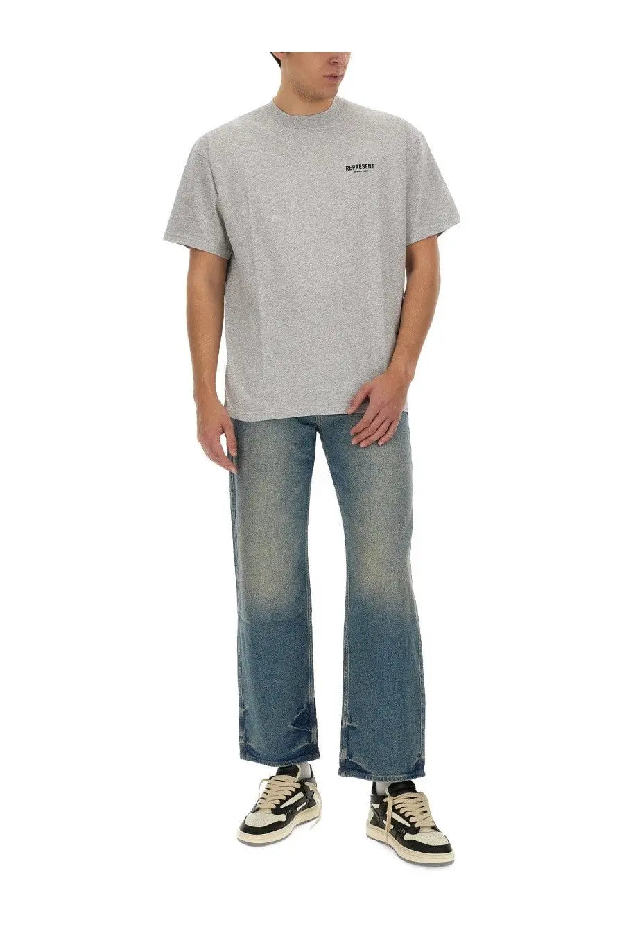 Represent men’s grey short-sleeved t-shirt with subtle textured pattern and small black logo on the chest