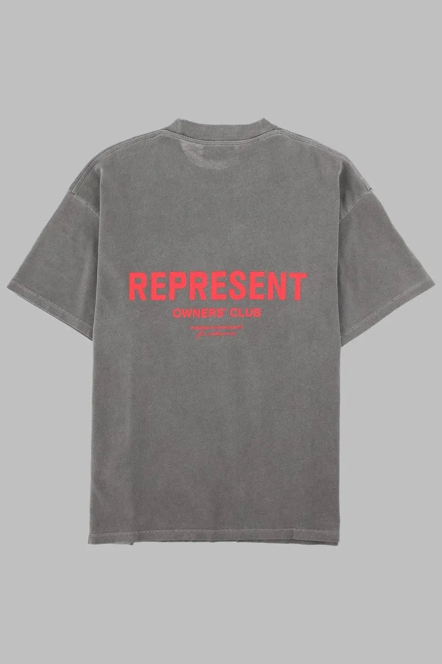 Back of represent men’s shirt owners club con grey oversized t-shirt with bold red represent text on gray cotton fabric