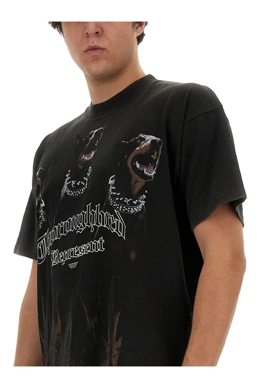 Represent men’s black short-sleeved cotton t-shirt with graphic of snarling rottweilers and worthwhile represent text