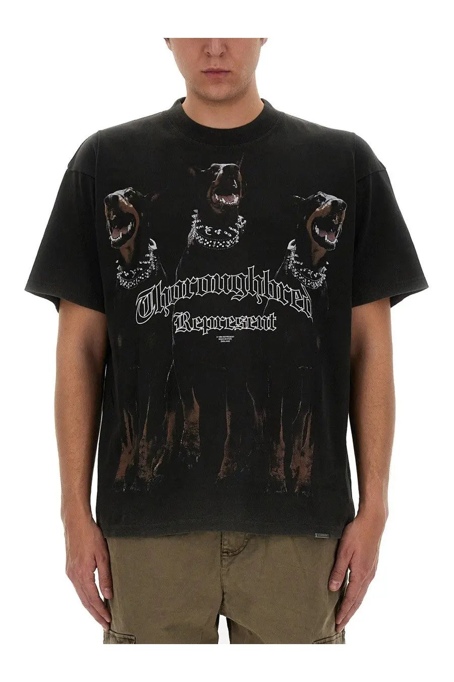 Black short-sleeved cotton t-shirt featuring three doberman pinschers with necklaces and chosenoughbored represent text