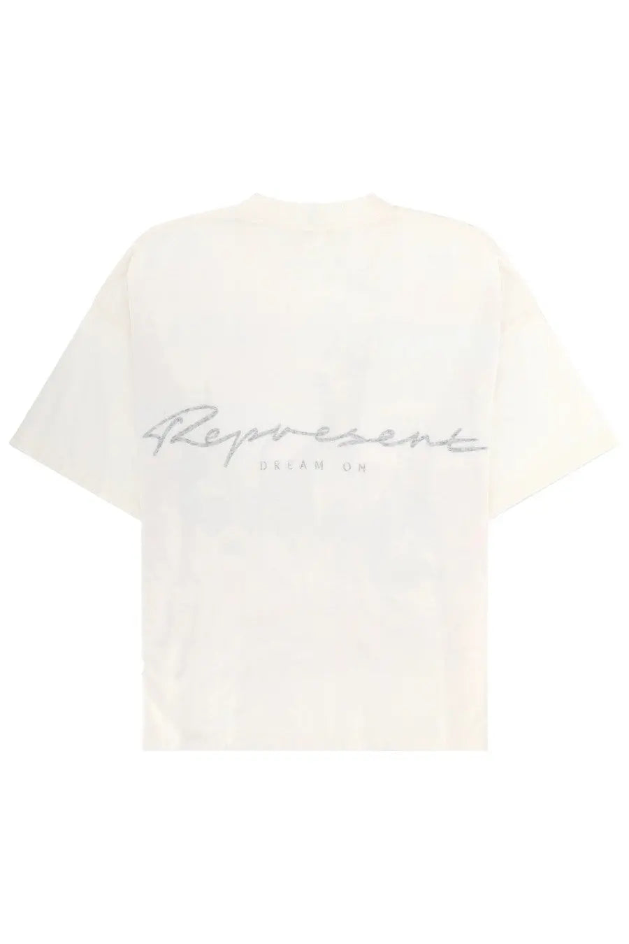 Cream-colored oversized men’s t-shirt with silver cursive represent logo and smaller text below by Represent Western Dobermans