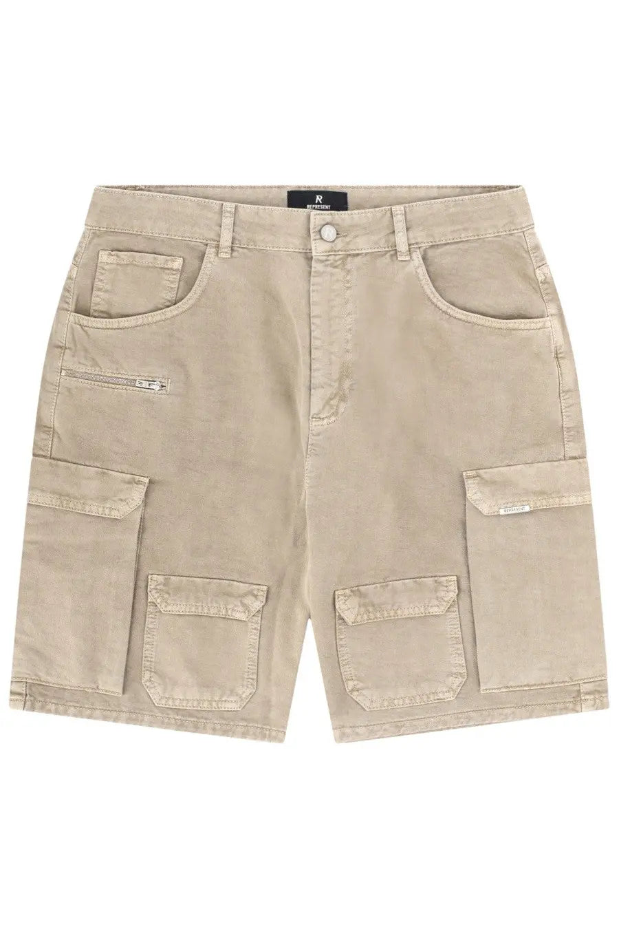 Represent men’s beige cargo shorts with multiple pockets and button closure perfect for casual wear
