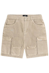 Represent men’s beige cargo shorts with multiple pockets and button closure perfect for casual wear