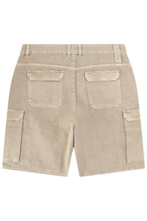 Beige cargo shorts by represent featuring two back pockets and side flap pockets made from durable cotton fabric shown from the back