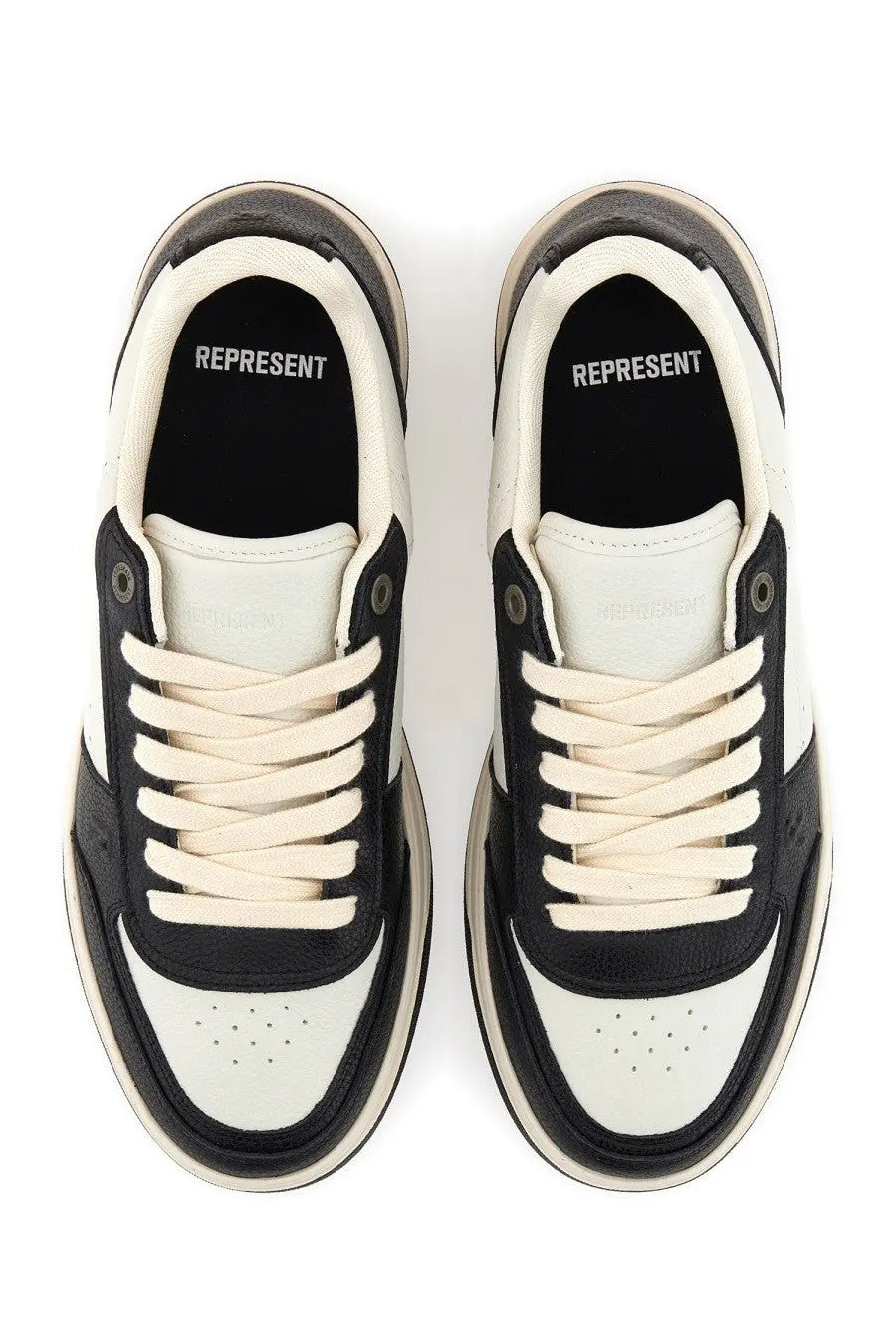 Represent men’s sneaker initial black black and white sneaker with cream laces layered leather and suede materials