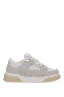 Light gray and white represent men’s studio sneaker with chunky sole featuring suede and mesh panels