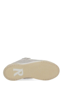 Back view of represent men’s studio sneaker white in light gray suede with beige rubber sole and white logo on heel