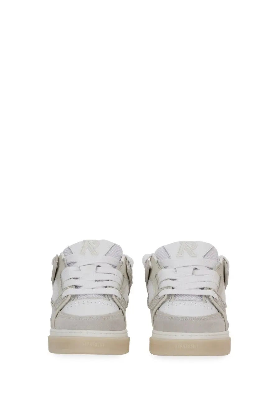 Represent men’s studio sneaker white white and light gray suede with matching laces and beige rubber sole minimalist design