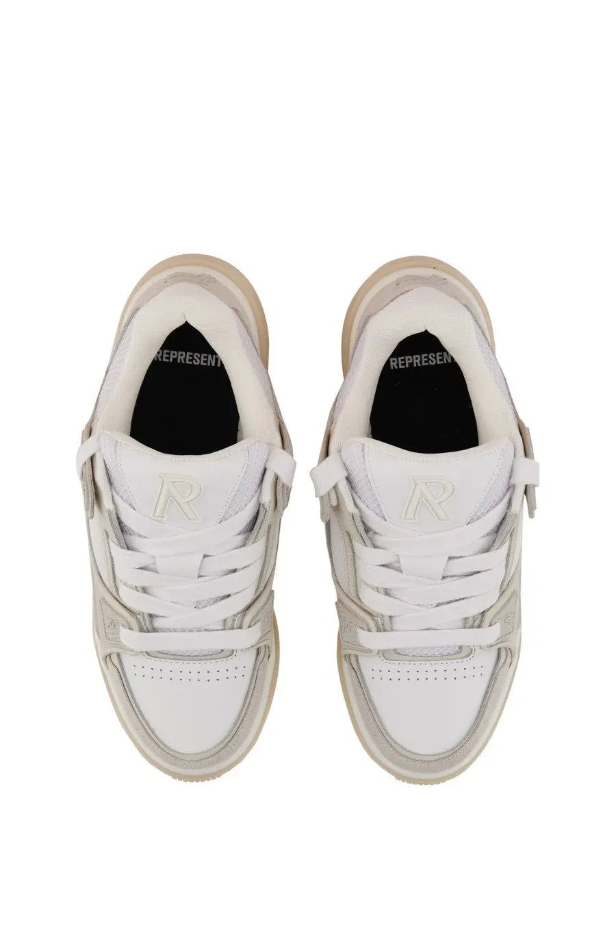 Represent men’s studio sneaker white with sleek minimalist design white leather and subtle gray accents on tongue logo