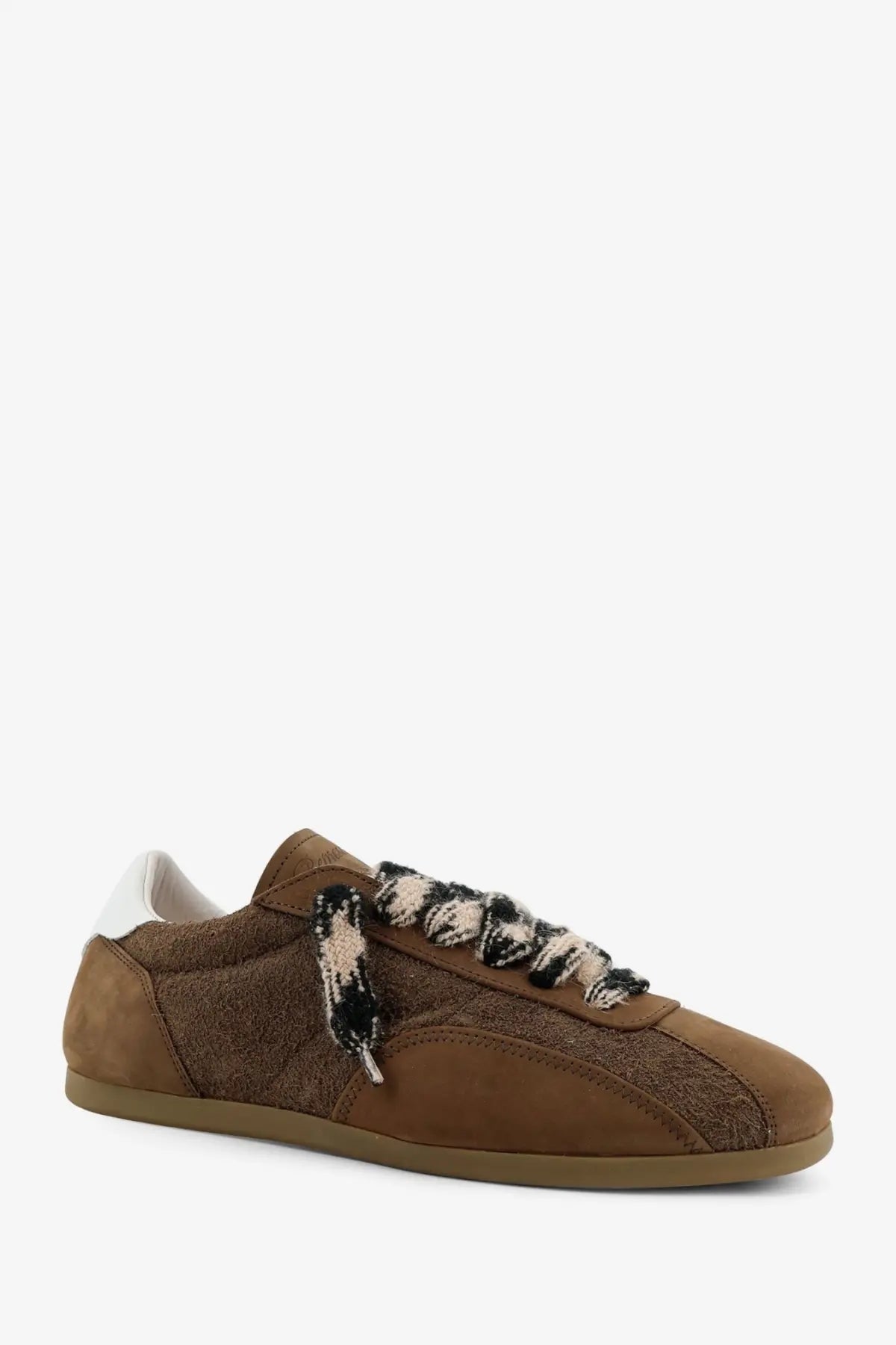 Represent men’s suede and nubuck sneakers in brown with black and cream patterned knit laces