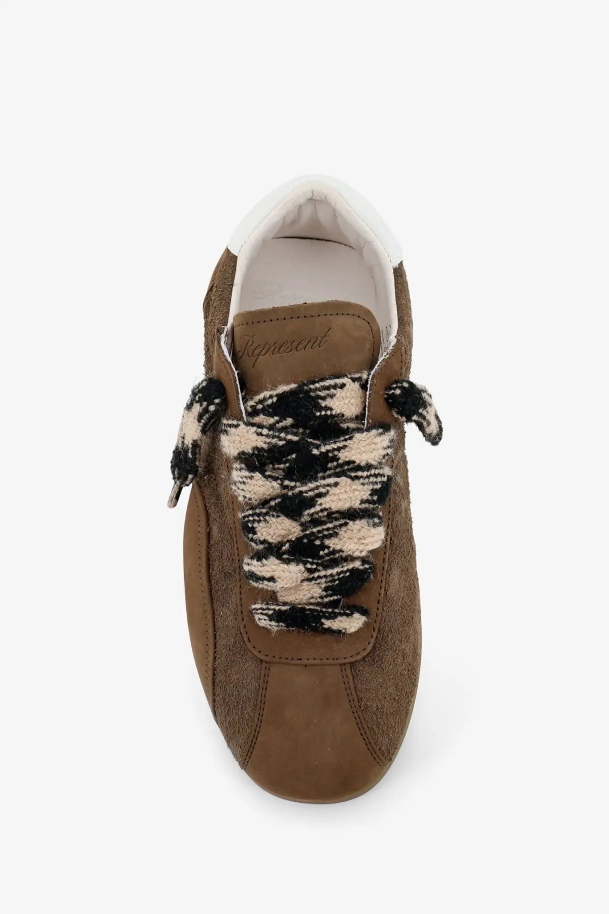 Represent men’s suede and nubuck sneakers in brown with black and cream patterned knit laces front view