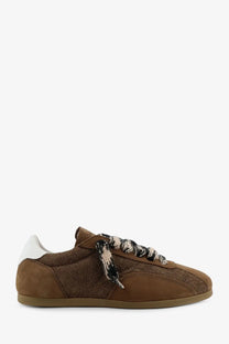 Represent men’s brown suede and nubuck sneaker with textured woven laces and white heel tab back view