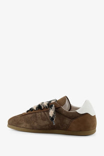Brown suede represent men’s sneaker with white heel tab and patterned knit laces in a casual style