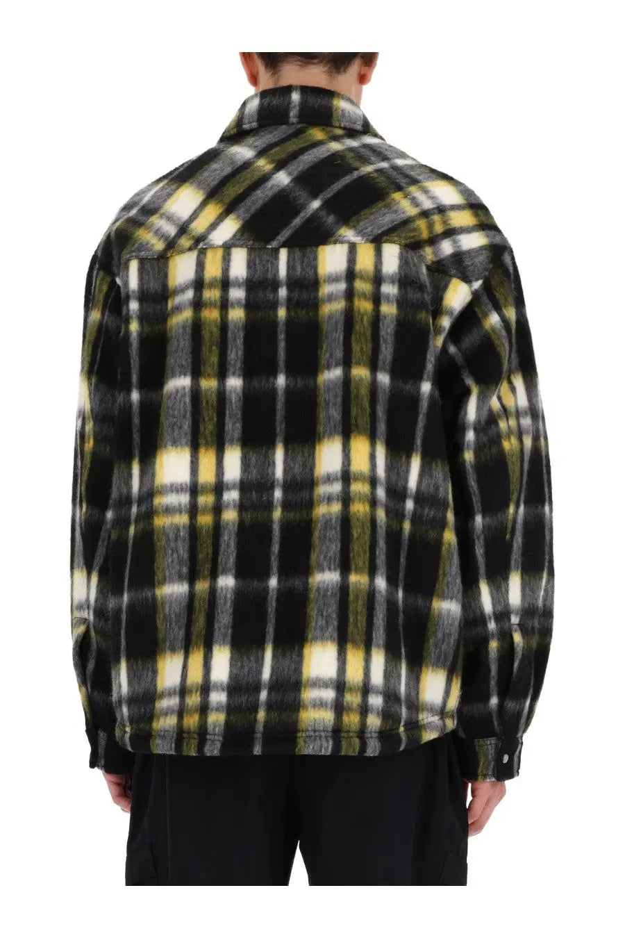 Represent men’s textured overshirt in a cozy oversized black and yellow plaid flannel with white accents