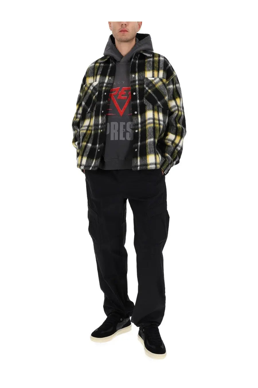 Black and yellow plaid flannel hooded jacket with textured fabric from represent mens textured overshirt black collection