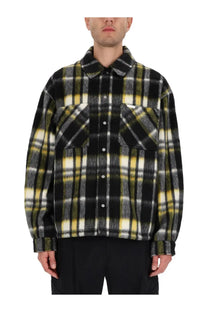 Represent men’s textured overshirt in black yellow and white plaid flannel with button-up front and two chest pockets