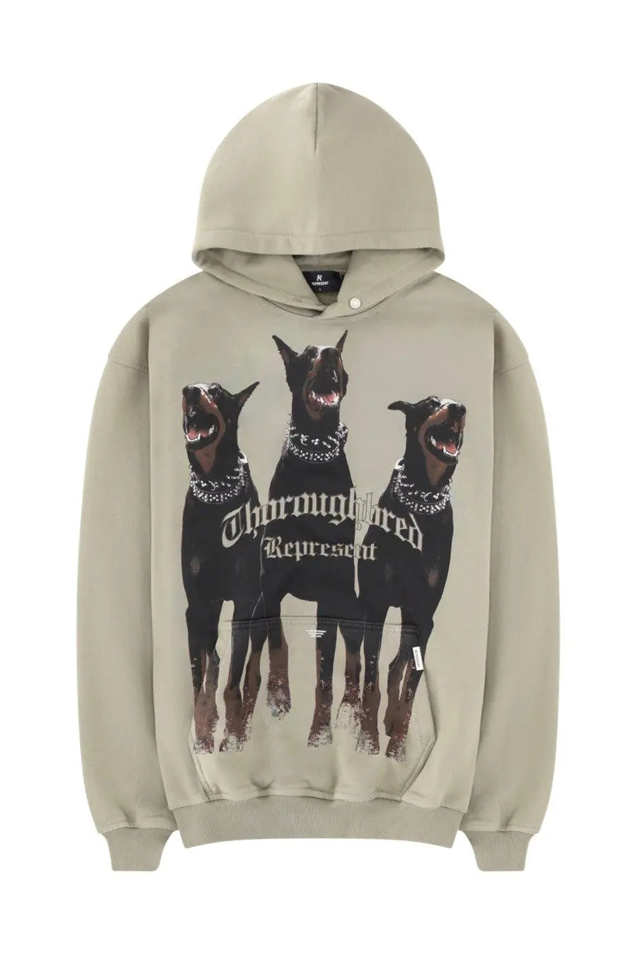Represent men’s thoroughbred hoodie green in beige featuring three black doberman pinschers with chain graphics and text