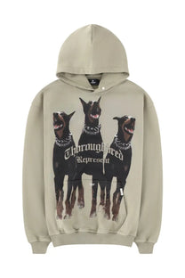 Represent men’s thoroughbred hoodie green in beige featuring three black doberman pinschers with chain graphics and text