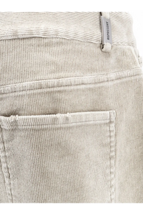 Beige corduroy men’s trousers with subtle ribbed texture and represent branded tag at waistband
