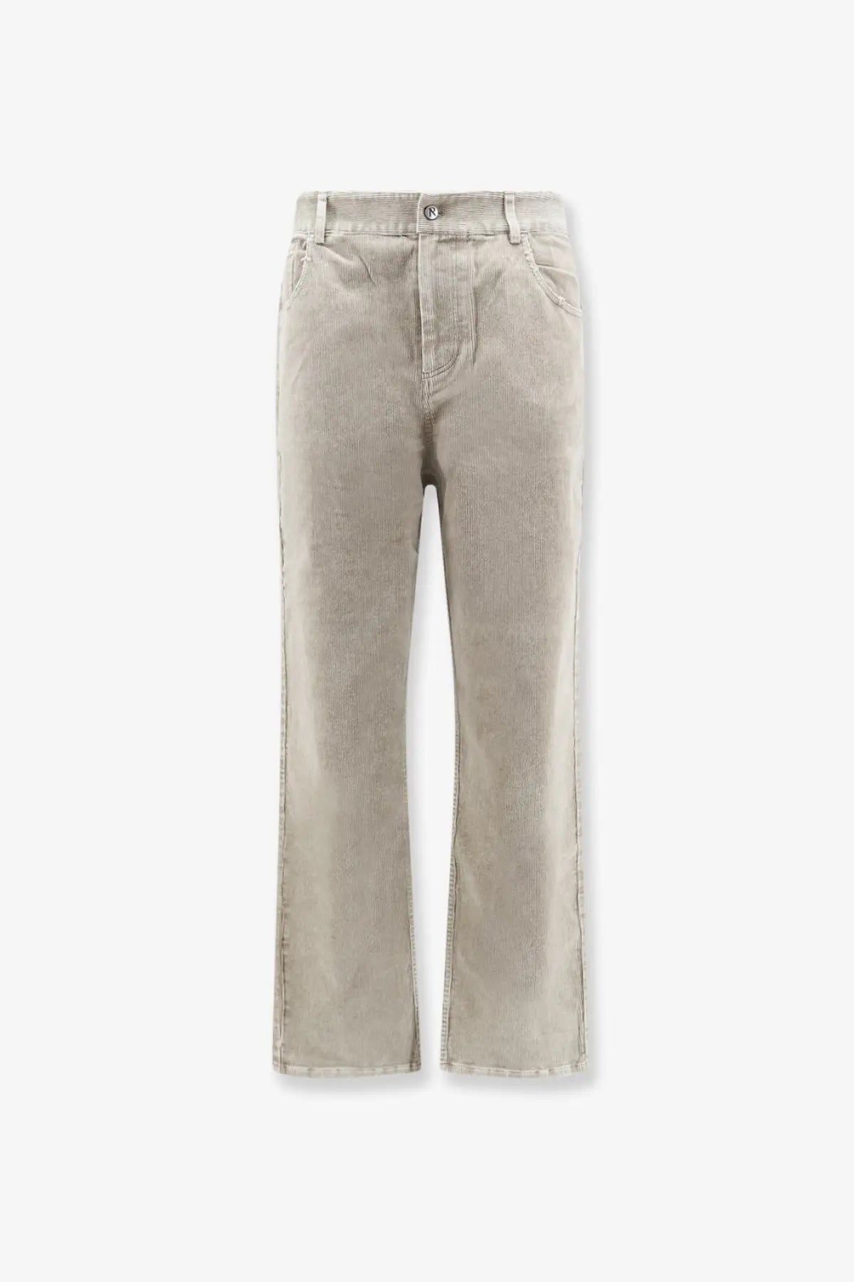 Beige wide-leg denim trousers with relaxed straight cut and classic five-pocket design representing men’s velvet trousers green
