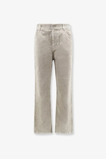 Beige wide-leg denim trousers with relaxed straight cut and classic five-pocket design representing men’s velvet trousers green