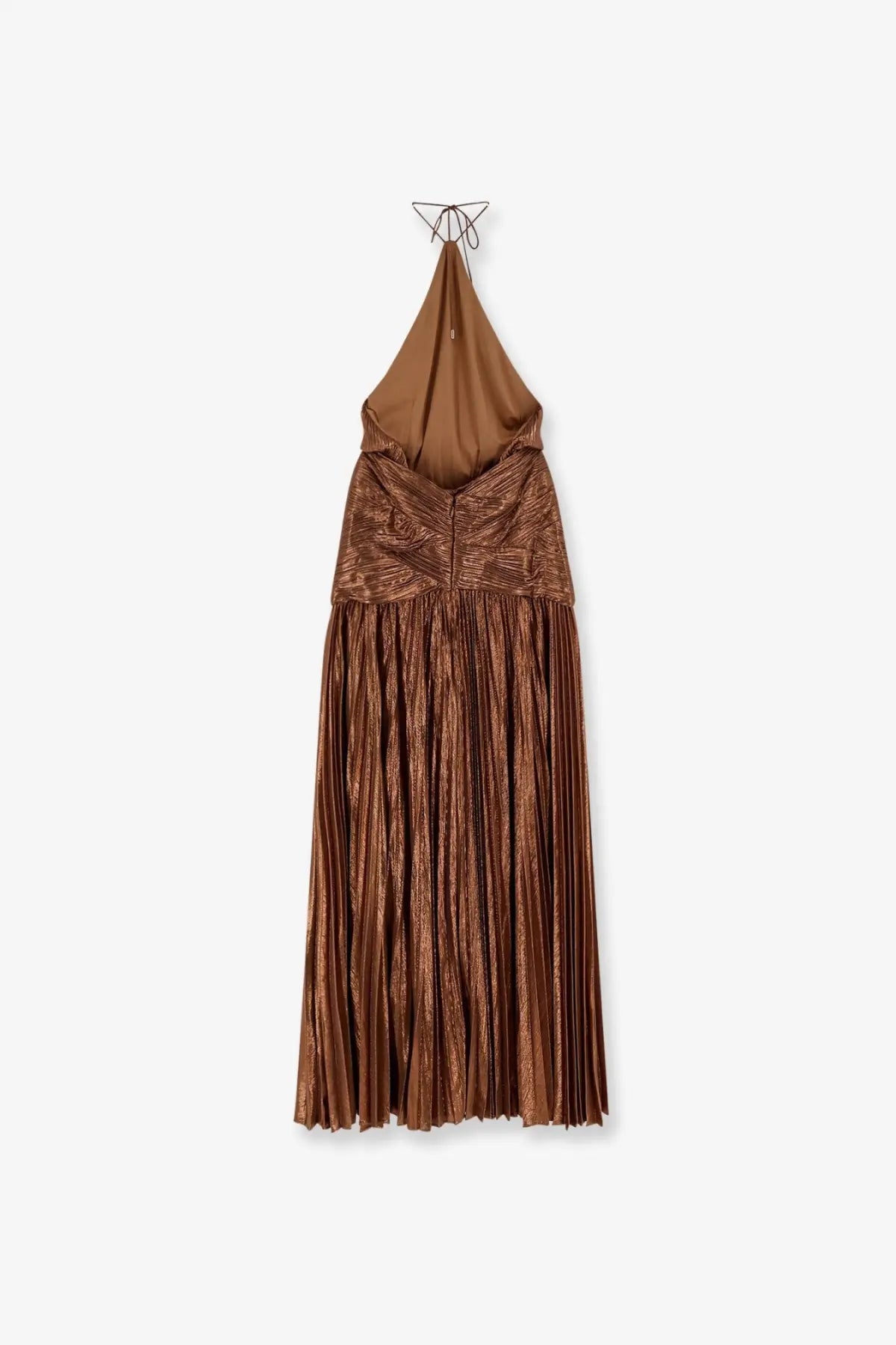 Retrofete womens amberley pleated dress in bronze with a metallic finish and back tie halter detail visible from the back