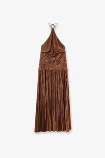 Retrofete women’s amberley pleated dress in shimmering bronze metallic fabric with textured halter neck and fitted bodice