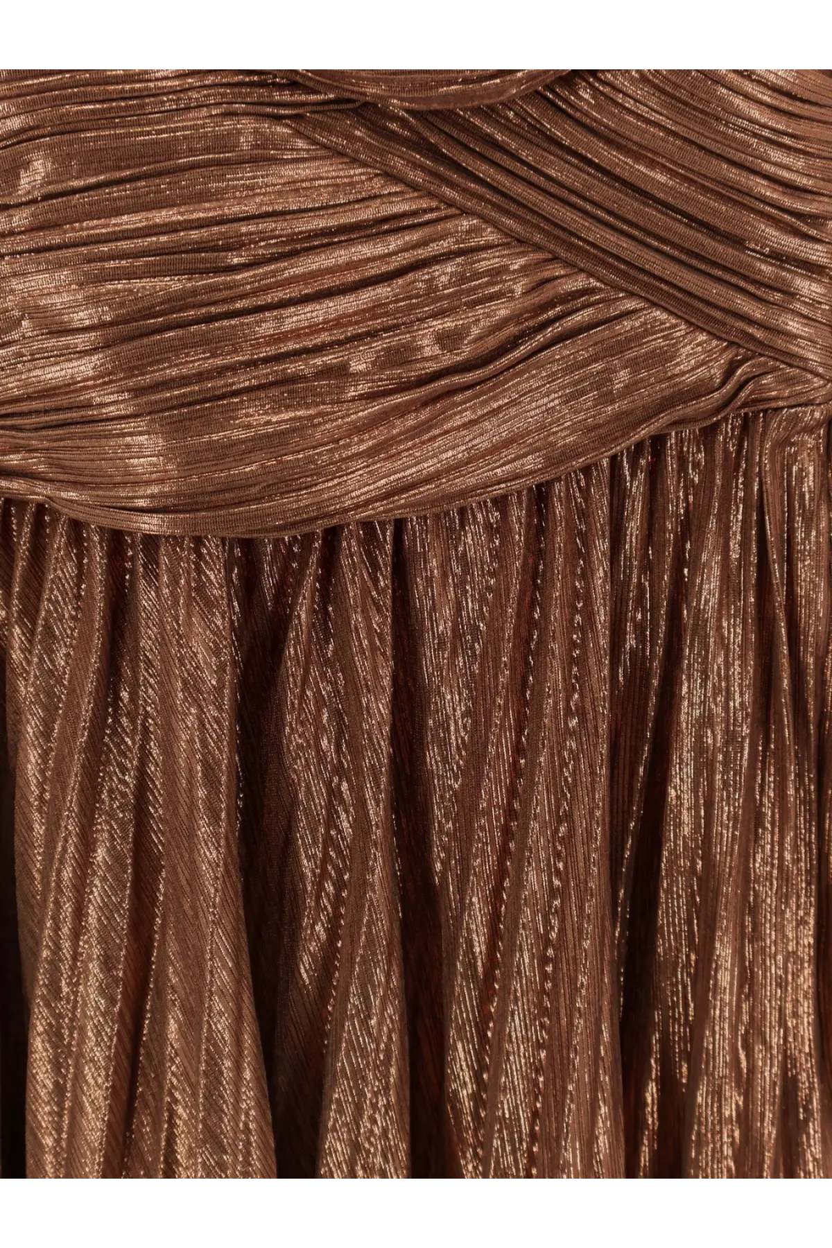Retrofete women’s amberley pleated dress in bronze metallic textured fabric with a shimmering draped neckline