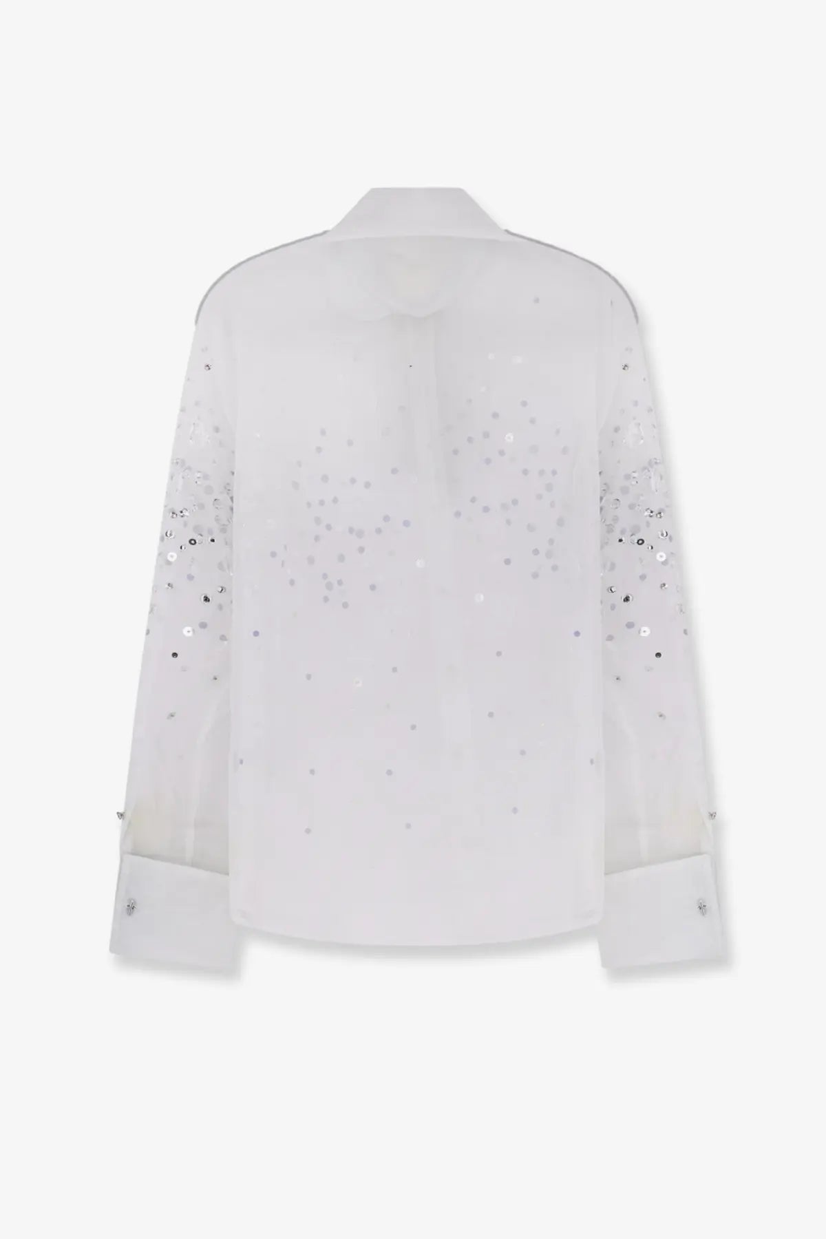 Retrofete women’s Eugenia Shirt Seychelles sheer white blouse with silver sequins scattered on sleeves and back shown from back