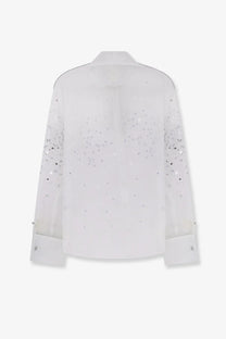 Retrofete womens Eugenia shirt Seychelles sheer white blouse with silver sequins on sleeves and back shown from back