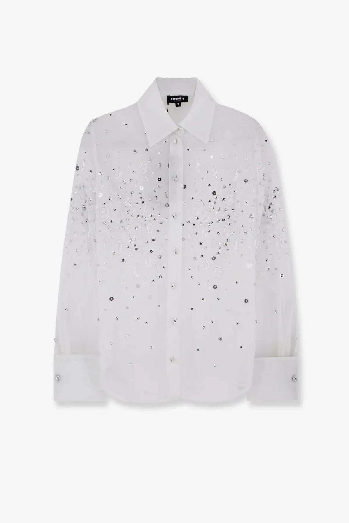 Retrofete women’s Eugenia shirt Seychelles white sequined button-up with classic collar and scattered silver embellishments