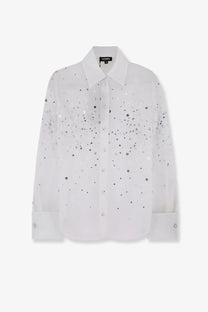 Retrofete women’s Eugenia shirt Seychelles white sequined button-up with classic collar and scattered silver embellishments