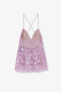 Back view of a retrofete womens kamala short dress bronze with delicate lavender lace camisole sheer back and crisscross straps