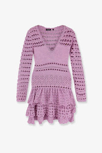 Retrofete women’s lujan mini dress bronze lavender crochet with v-neckline long sleeves and tiered ruffle hem