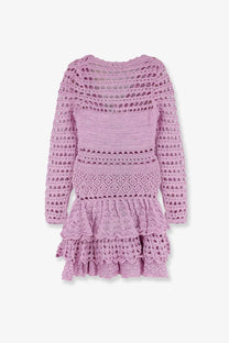 Retrofete women’s lujan mini dress bronze featuring a delicate lavender crocheted fabric with long sleeves and tiered ruffle hem