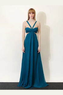 Retrofete women’s meira chiffon dress blue flowing teal gown with draped bodice and cut-out details