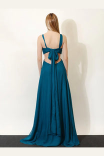 Retrofete women’s meira chiffon dress blue showing back side with teal satin fabric tie detail and cutout design