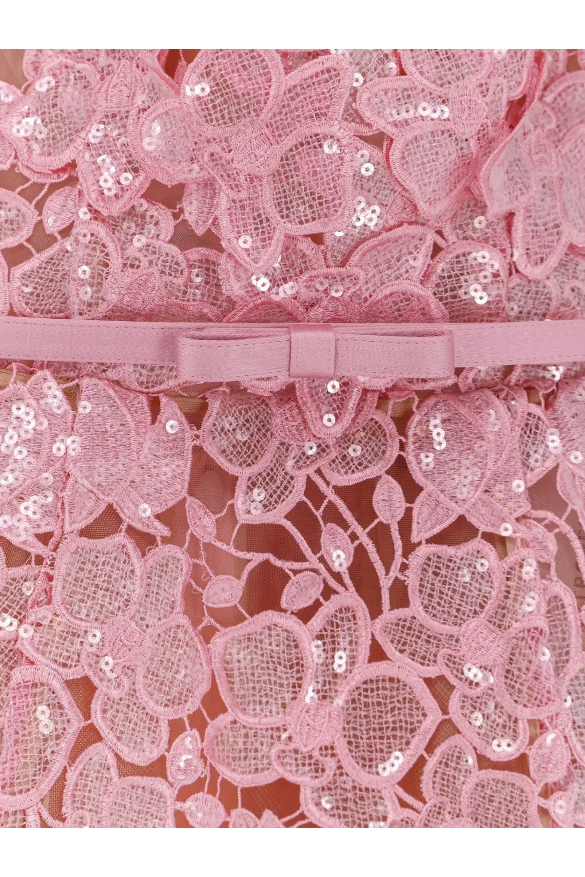 Retrofete women’s Novalie mini dress pink features delicate lace with sparkling sequins and a satin bow at the waist