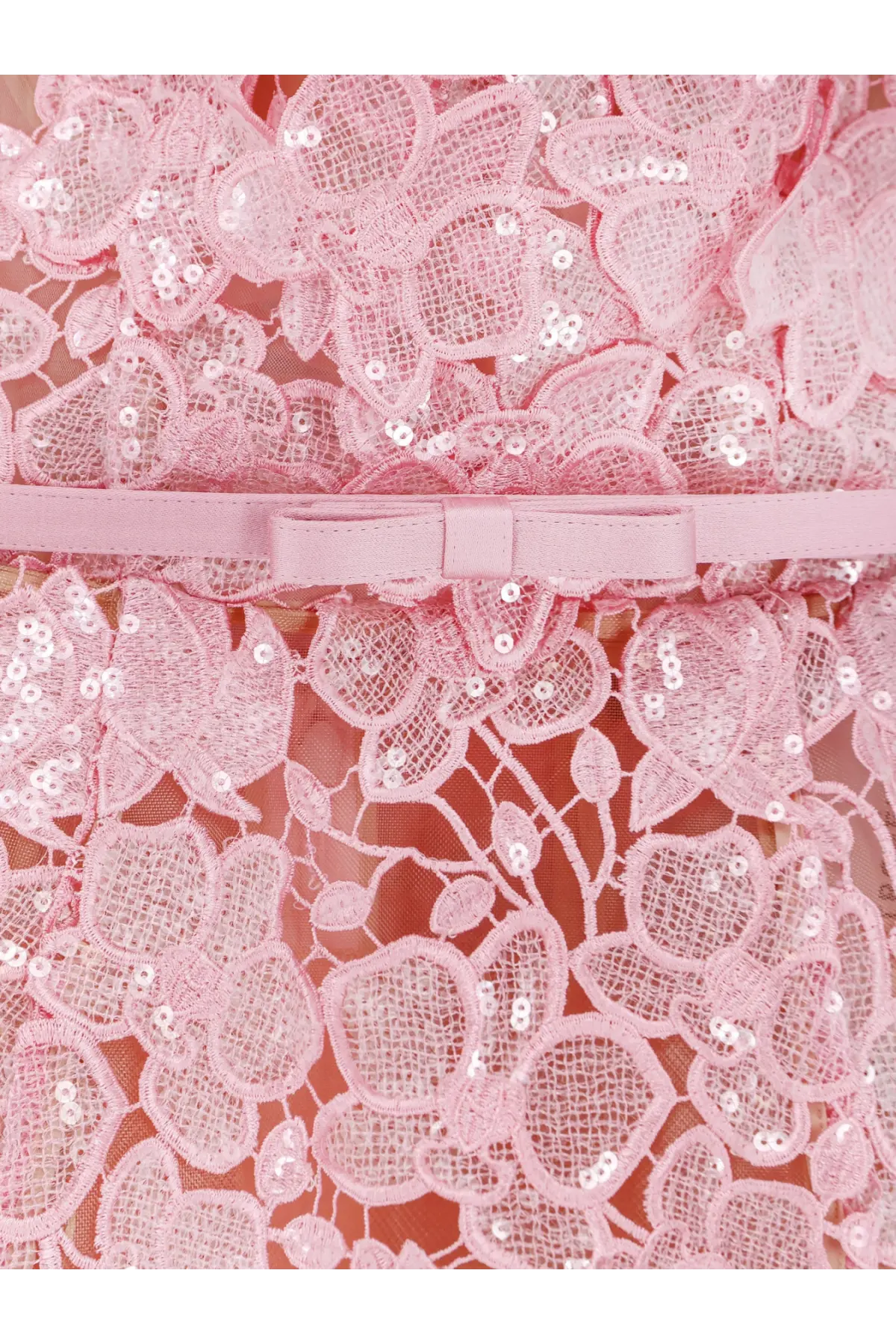 Retrofete women’s Novalie mini dress in pink lace with sparkling sequins and a matching satin bow belt