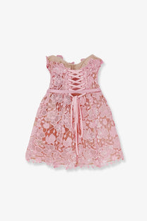Retrofete women’s novalie mini dress pink showing back view of delicate pink lace with floral patterns and corset-style back