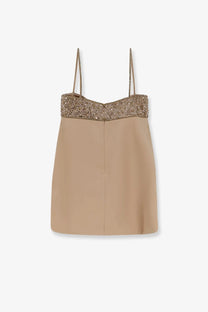 Retrofete women’s Shyla satin dress macadamia in beige with gold sequin embellishment and thin chain straps