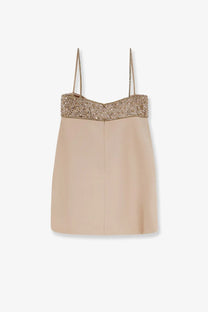 Beige satin camisole with gold sequined trim and delicate chain straps from retrofete womens shyla satin dress macadamia